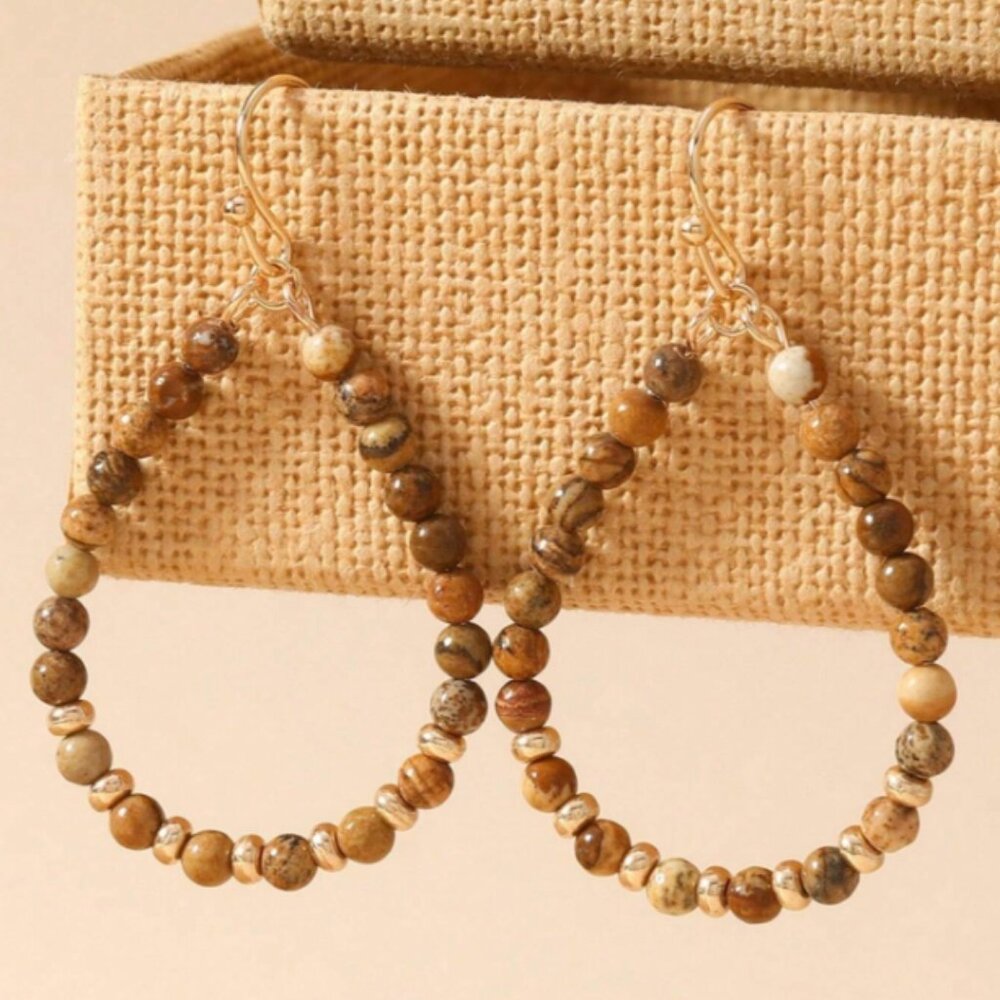 Mocha Marble Bead Teardrop Dangle Earrings Beaded Bohemian Style Fashion Jewelry